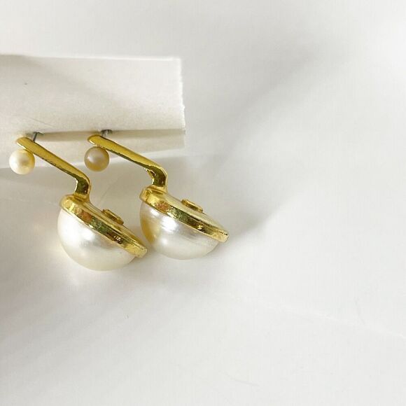 Vintage JJ Jonette Earrings Gold Tone Pearl Drop 80s 90s Retro Glam - Picture 6 of 16